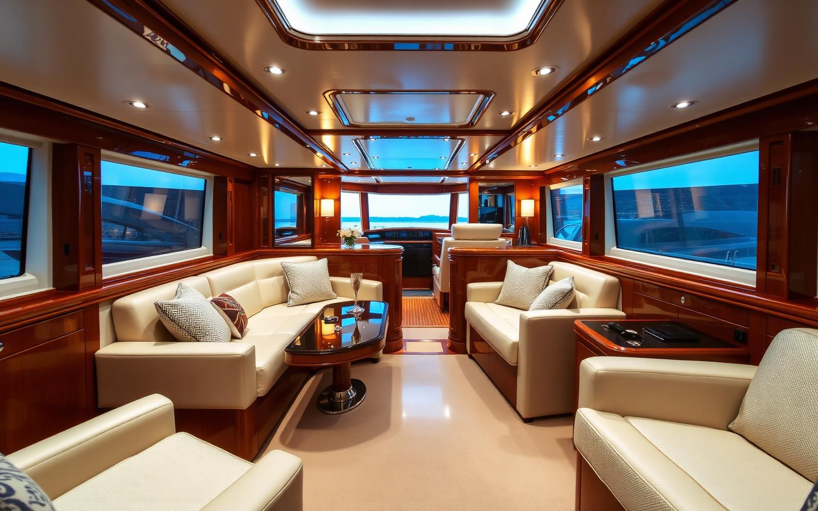Interior premium de embarcação com estofados em couro impecáveis